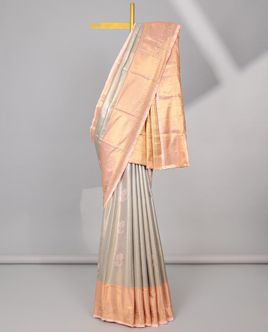 Grey checked, floral motifs semi tissue saree with contrast floral zari design border & intricate zari design pallu