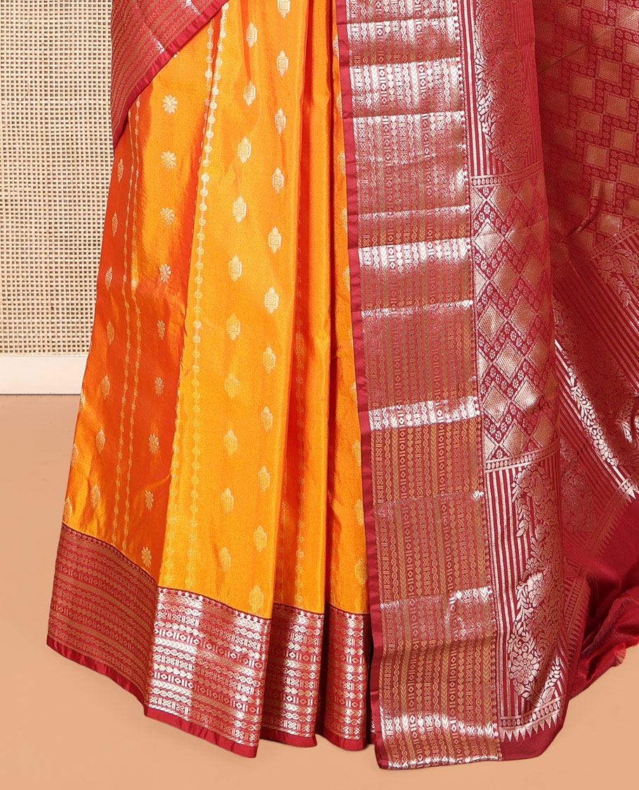 Orange Budget Silk Saree, Adorned with Zari Designs, Complemented by a Contrast Traditional Zari Border, Grand Pallu, and a Contrast Blouse