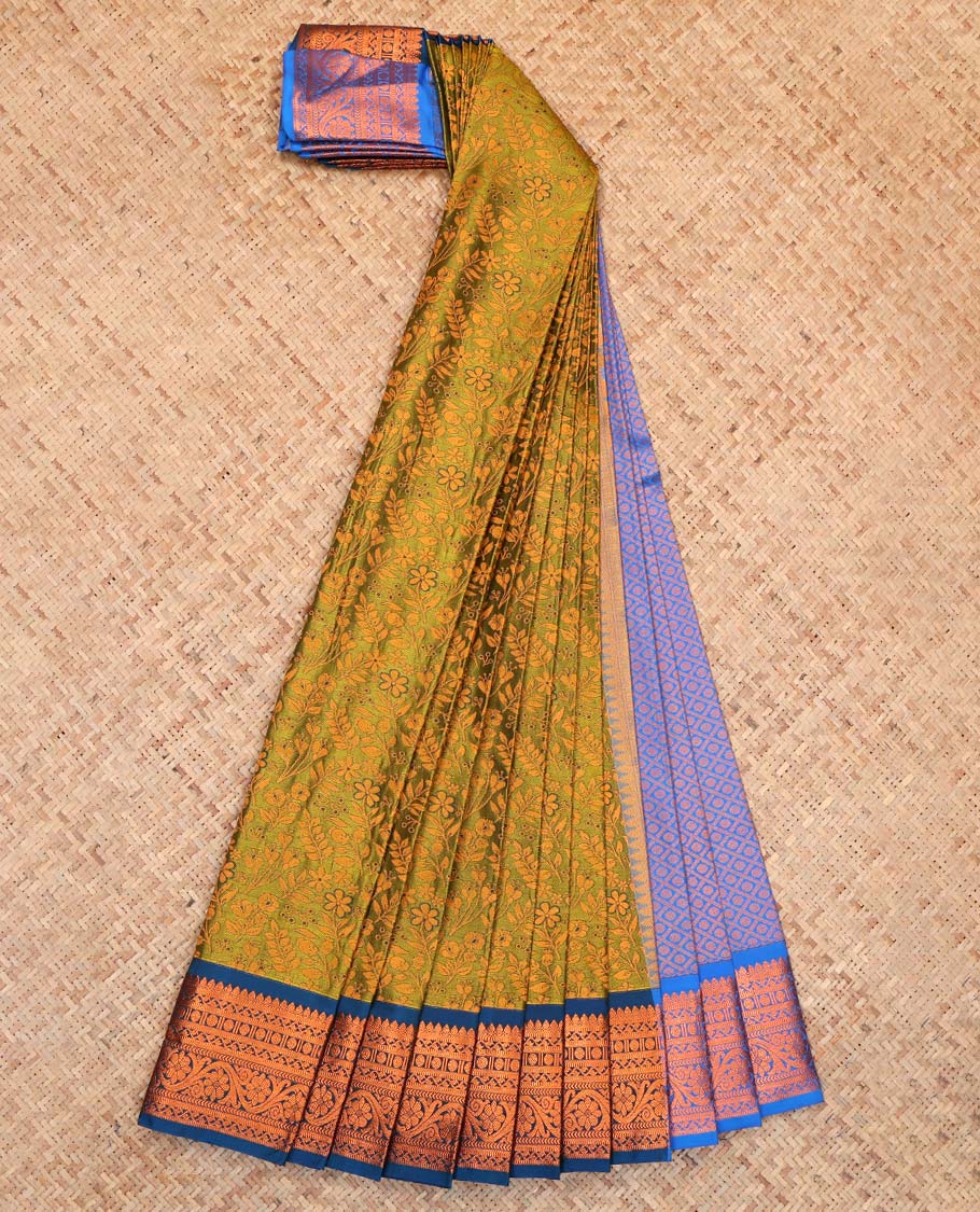 Green Budget Silk Saree, Adorned with Floral Vine Design, Complemented by Contrast Traditional Floral Creeper Zari Border, a Jaal Pallu and a Contrast Blouse