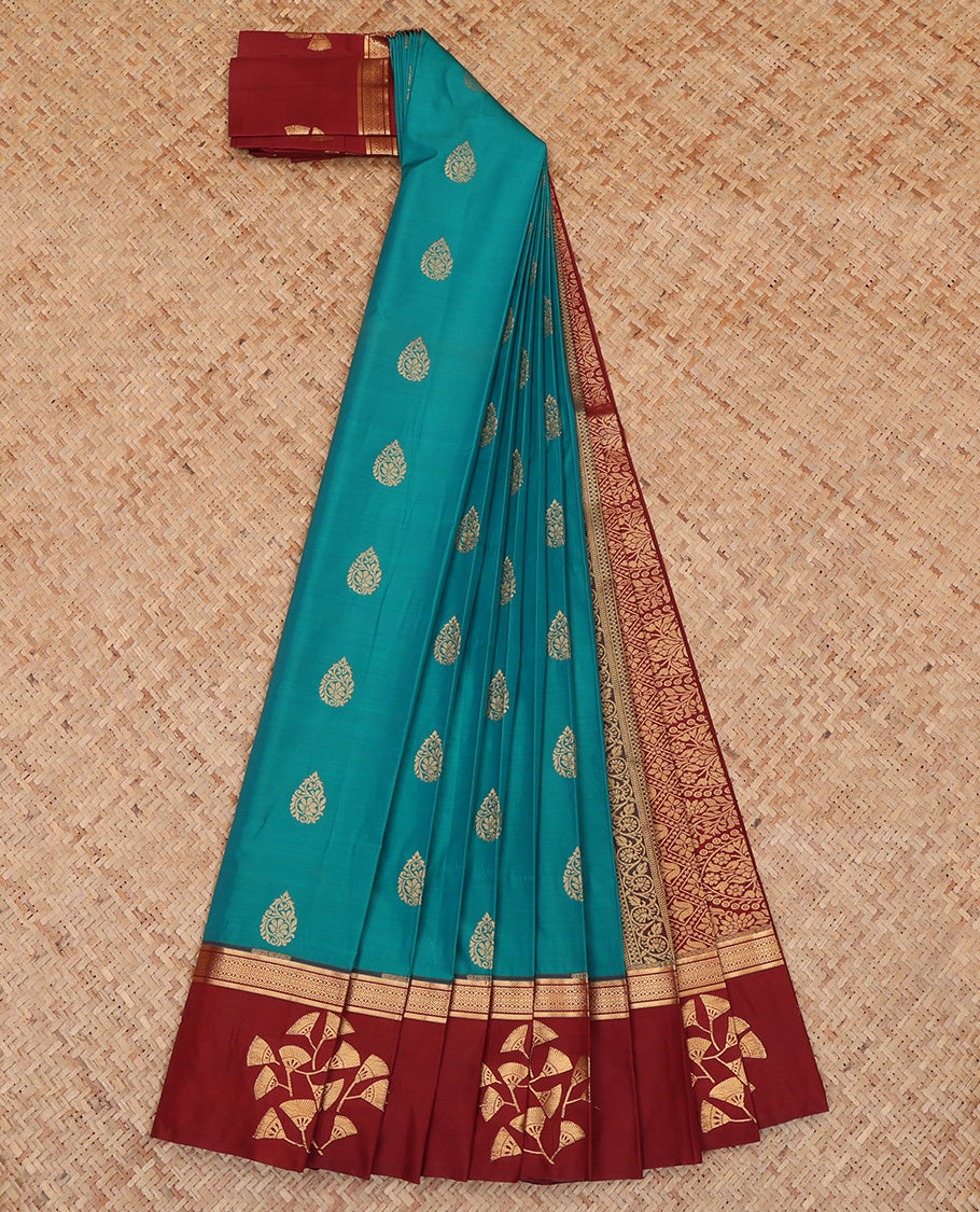 Blue Budget Silk Saree, Adorned with Zari Buttas, Complemented by a Contrast Traditional Zari Border, Grand Pallu, and a Contrast Blouse