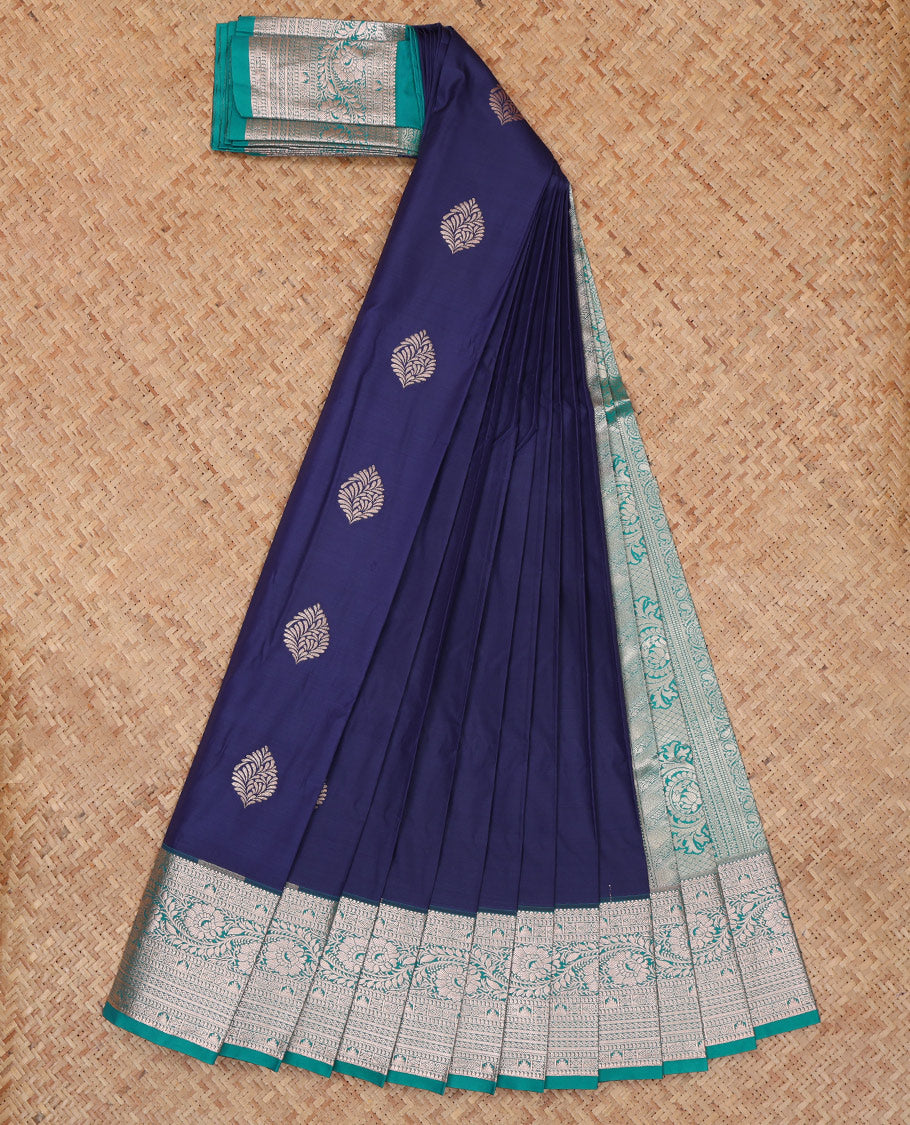 Blue Budget Silk Saree, Adorned with Zari Buttas, a Contrast Traditional Zari Border, Grand Pallu, and a Contrast Blouse