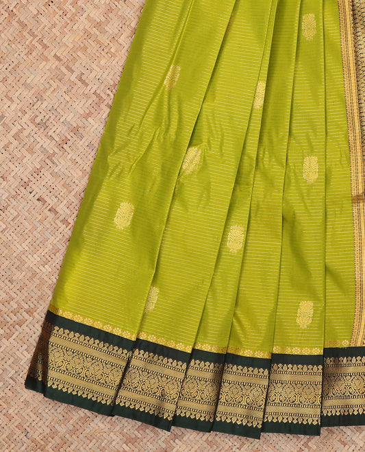 Green Budget Silk Saree, Adorned with Zari Buttas and Stripes, Complemented by Contrast Traditional Zari Border, a Grand Pallu and a Contrast Blouse