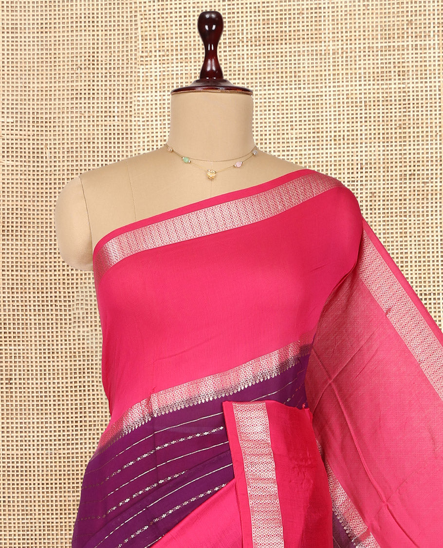 Purple Assam Silk Saree, Delicately Woven with Zari Stripes, Complemented by Contrast Big Zari Border,  Zari Woven Pallu, and Contrast Blouse