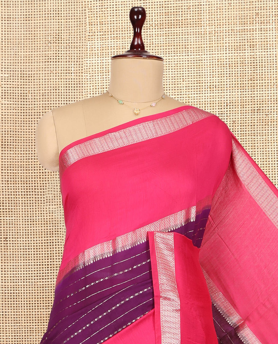 Purple Assam Silk Saree, Adorned with Zari Stripes, Complemented by Contrast Big Traditional Zari Border,  Zari Woven Pallu, and Contrast Blouse
