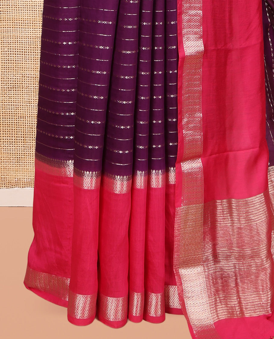Purple Assam Silk Saree, Adorned with Zari Stripes, Complemented by Contrast Big Traditional Zari Border,  Zari Woven Pallu, and Contrast Blouse