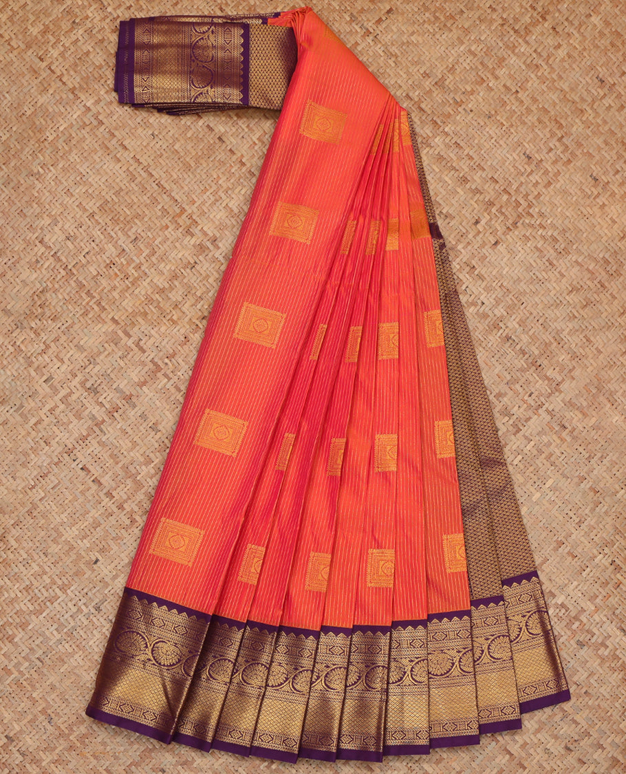 Orange Budget Silk Saree, Adorned with Zari Buttas and Stripes, Complemented by a Contrast Traditional Zari Border, Grand Jaal Pallu, and Contrast Blouse