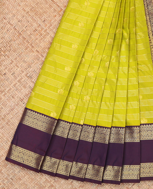 Green Budget Silk Saree, Woven with Buttas and Stripes, a Contrast Traditional Rettai Pettu Border, Grand Pallu, and a Contrast Blouse