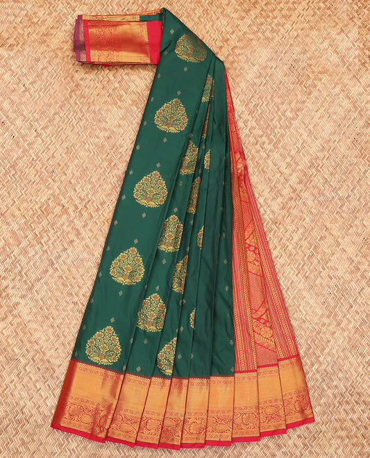 Green Budget Silk Saree, Adorned with Zari Buttas, Complemented by a Contrast Traditional Zari Border, Grand Pallu, and Contrast Blouse
