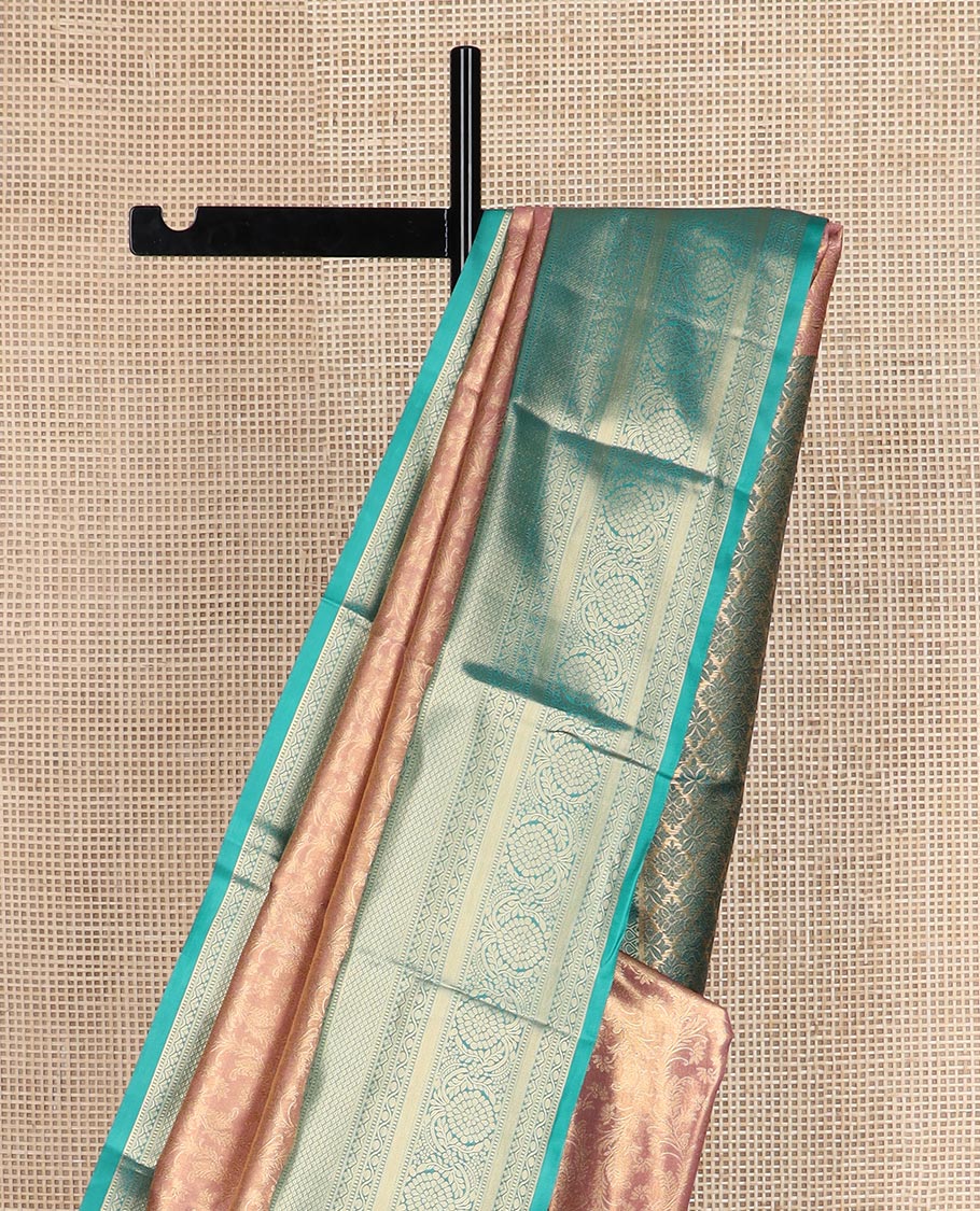 Pinkish peach zari vine jacquard budget silk saree, contrast traditional zari design border, and pallu of zari jaal design weave