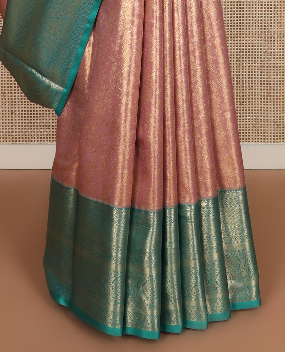 Pinkish peach zari vine jacquard budget silk saree, contrast traditional zari design border, and pallu of zari jaal design weave