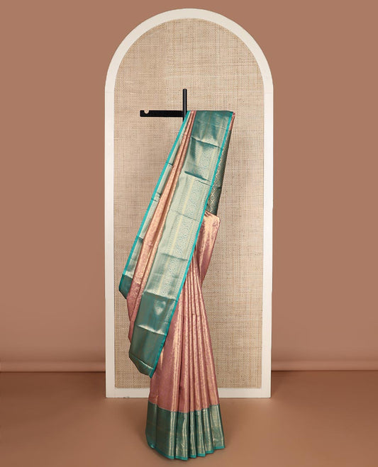 Pinkish peach zari vine jacquard budget silk saree, contrast traditional zari design border, and pallu of zari jaal design weave