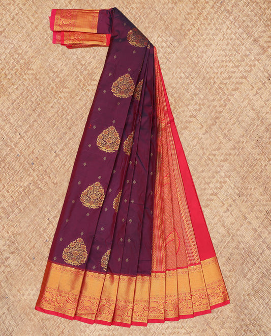 Maroon Budget Silk Saree, Woven with Zari Buttas, a Contrast Traditional Zari Border, Grand Pallu, and a Contrast Blouse