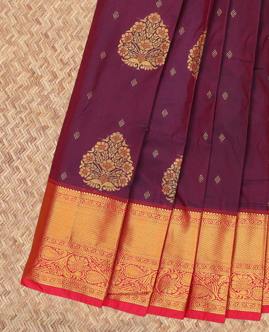 Maroon Budget Silk Saree, Woven with Zari Buttas, a Contrast Traditional Zari Border, Grand Pallu, and a Contrast Blouse