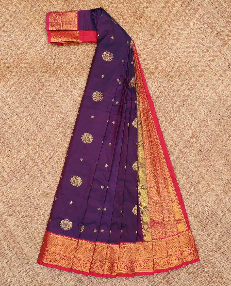 Purple Budget Silk Saree, Adorned with Zari Buttas, a Contrast Traditional Zari Border, Grand Jaal Pallu, and a Contrast Blouse