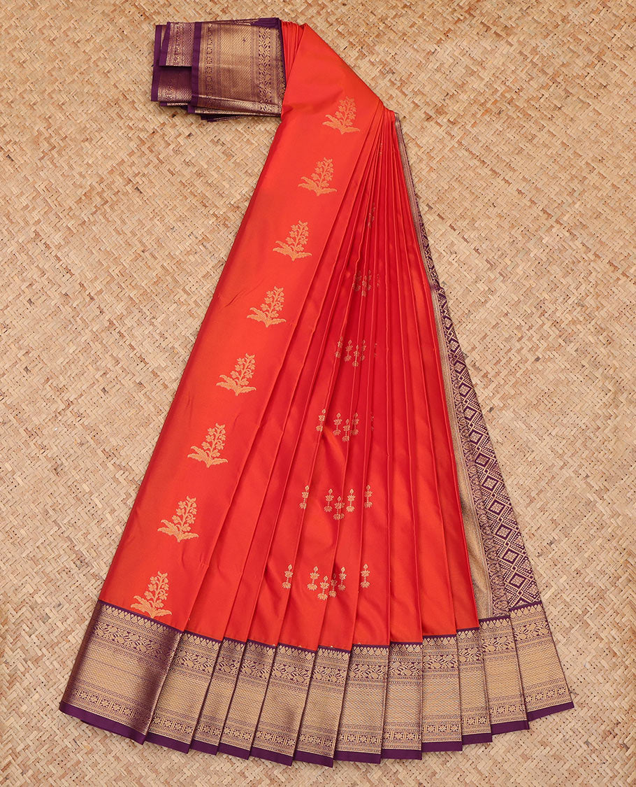 Orange Budget Silk Saree, Embellished with Zari Buttas, a Contrast Traditional Zari Border, Intricate Pallu, and a Contrast Blouse