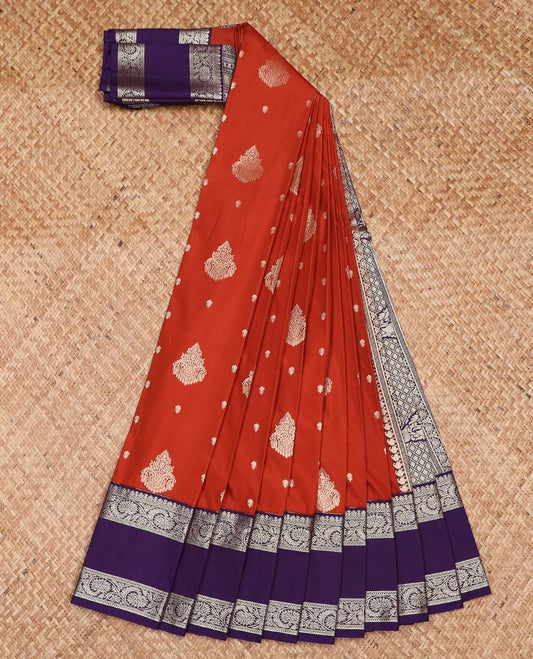 Rust zari buttas gift saree, contrast floral creeper rettai pettu border, and pallu of paisleys, and jaal designs