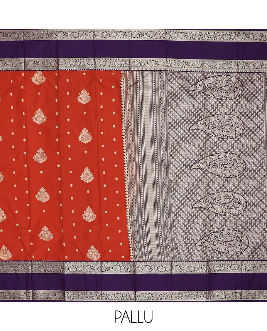 Rust zari buttas gift saree, contrast floral creeper rettai pettu border, and pallu of paisleys, and jaal designs