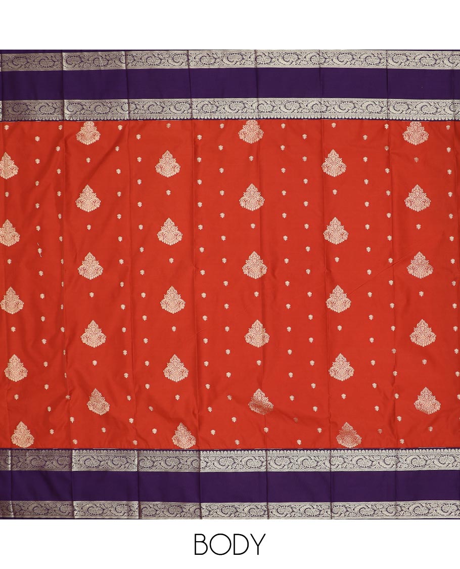 Rust zari buttas gift saree, contrast floral creeper rettai pettu border, and pallu of paisleys, and jaal designs