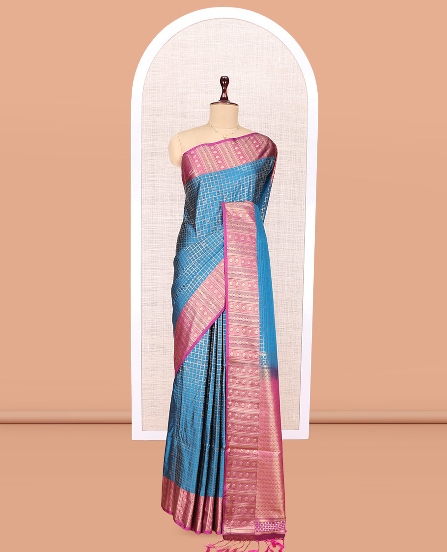 Blue Peacock Checks Budget Silk Saree