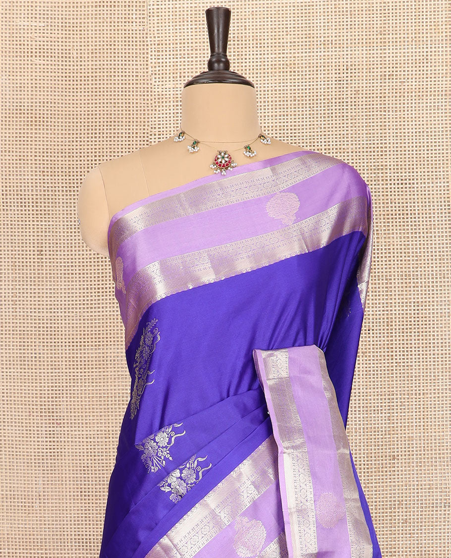 Blue zari buttas budget silk saree, contrast traditional zari border, and pallu of intricate designs