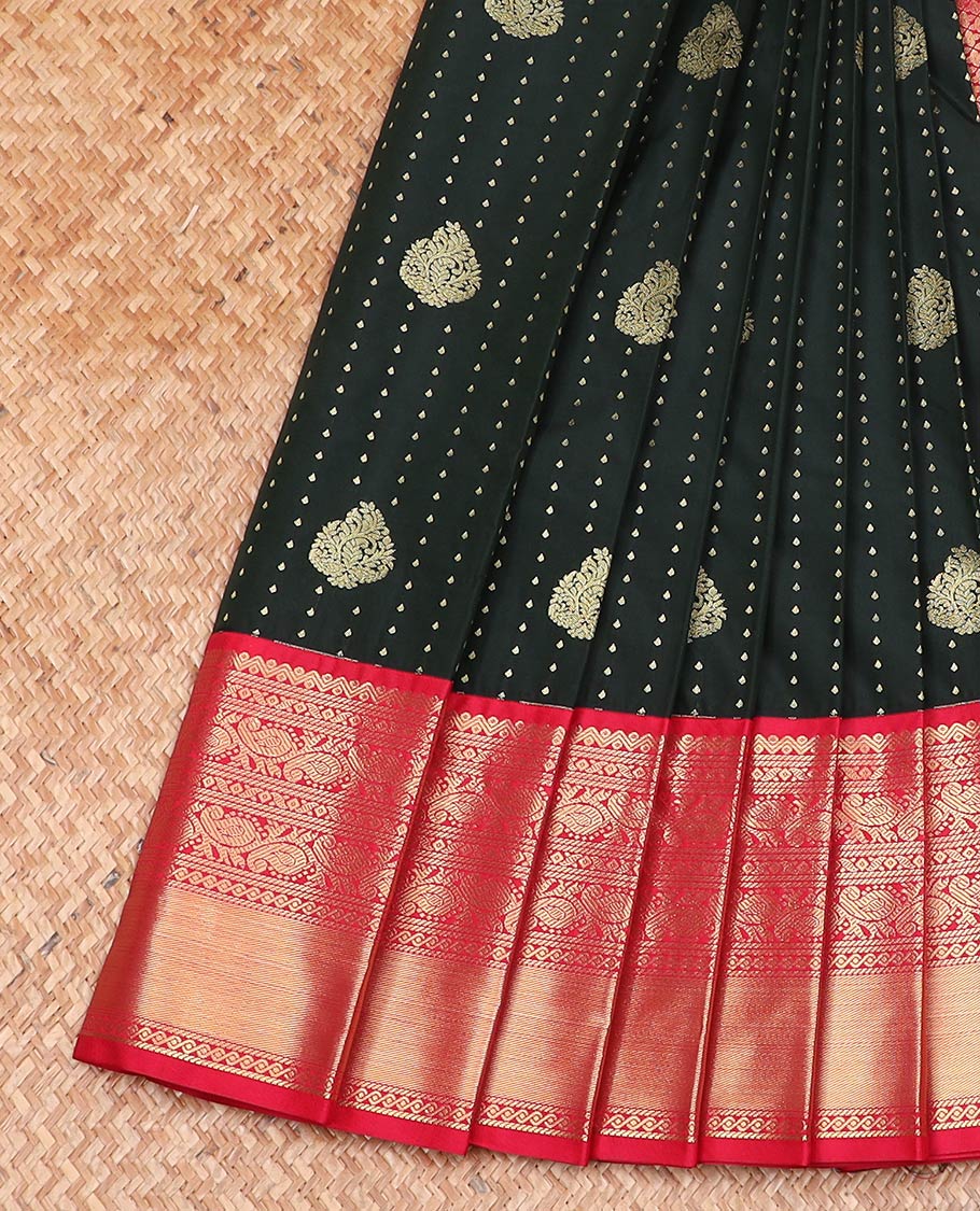 Black zari buttas gift saree, contrast traditional zari design border, and jaal pallu