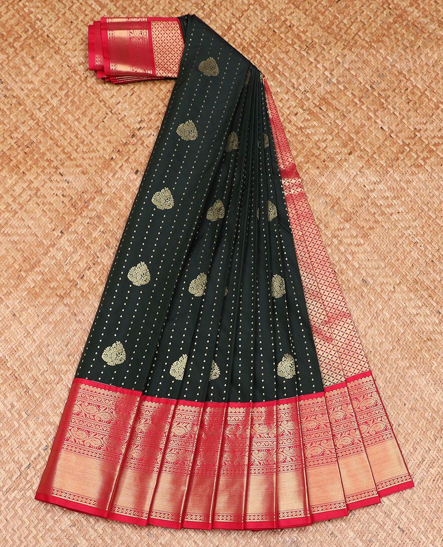 Black zari buttas gift saree, contrast traditional zari design border, and jaal pallu