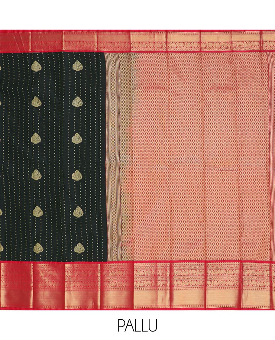 Black zari buttas gift saree, contrast traditional zari design border, and jaal pallu