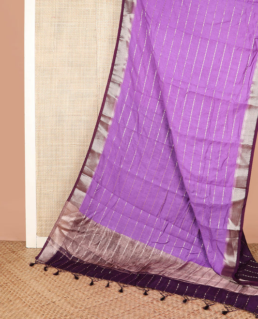 Purple zari striped assam silk saree, contrast jaal patterned border, and zari striped pallu