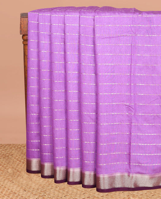 Purple zari striped assam silk saree, contrast jaal patterned border, and zari striped pallu