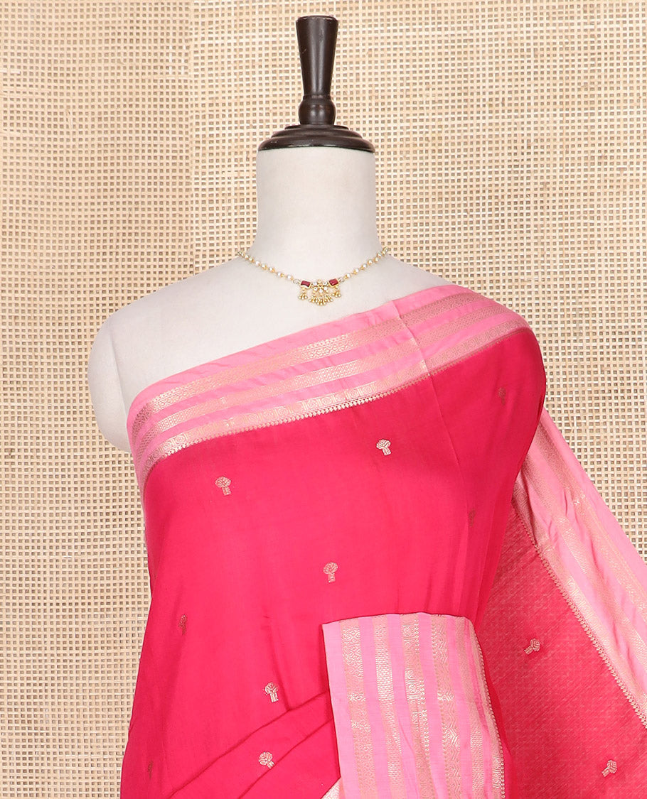 Pink zari buttas Assam silk saree, contrast traditional zari design border, and pallu of zari stripes and buttas