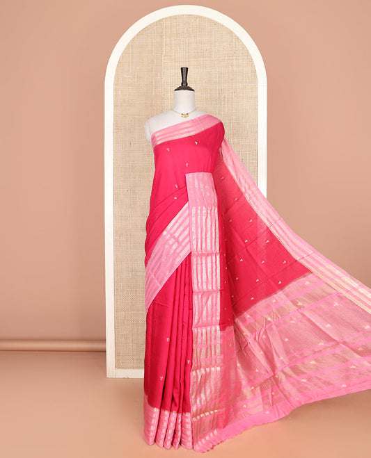 Pink zari buttas Assam silk saree, contrast traditional zari design border, and pallu of zari stripes and buttas