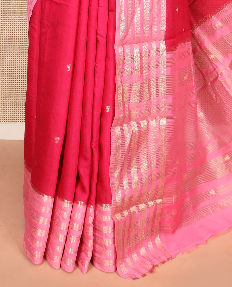 Pink zari buttas Assam silk saree, contrast traditional zari design border, and pallu of zari stripes and buttas