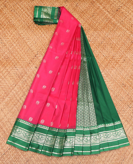 Dark Pink Budget Silk Saree, Adorned with Buttas All Over Its Body, Complemented by a Contrast Traditional Zari Design Border, Pallu Elevated with Scallop Designs, and Paired with a Contrast Blouse
