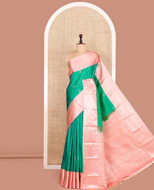 Green Budget Silk Saree, Adorned with Zari Buttas All Over Its Body, Complemented by a Contrast Border of Traditional Zari Designs, Pallu Elevated with Chevron Designs, and Paired with a Contrast Blouse
