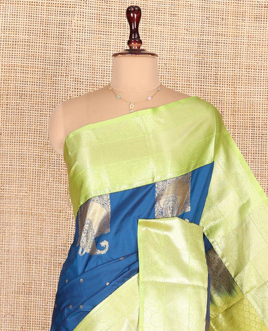 Blue Budget Silk Saree, Embellished with Zari Buttas on Its Body, Complemented by a Contrast Traditional Zari Design Border, Pallu of Jaal and Paisley Designs, and Paired with a Contrast Blouse
