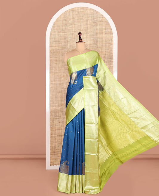 Blue Budget Silk Saree, Embellished with Zari Buttas on Its Body, Complemented by a Contrast Traditional Zari Design Border, Pallu of Jaal and Paisley Designs, and Paired with a Contrast Blouse