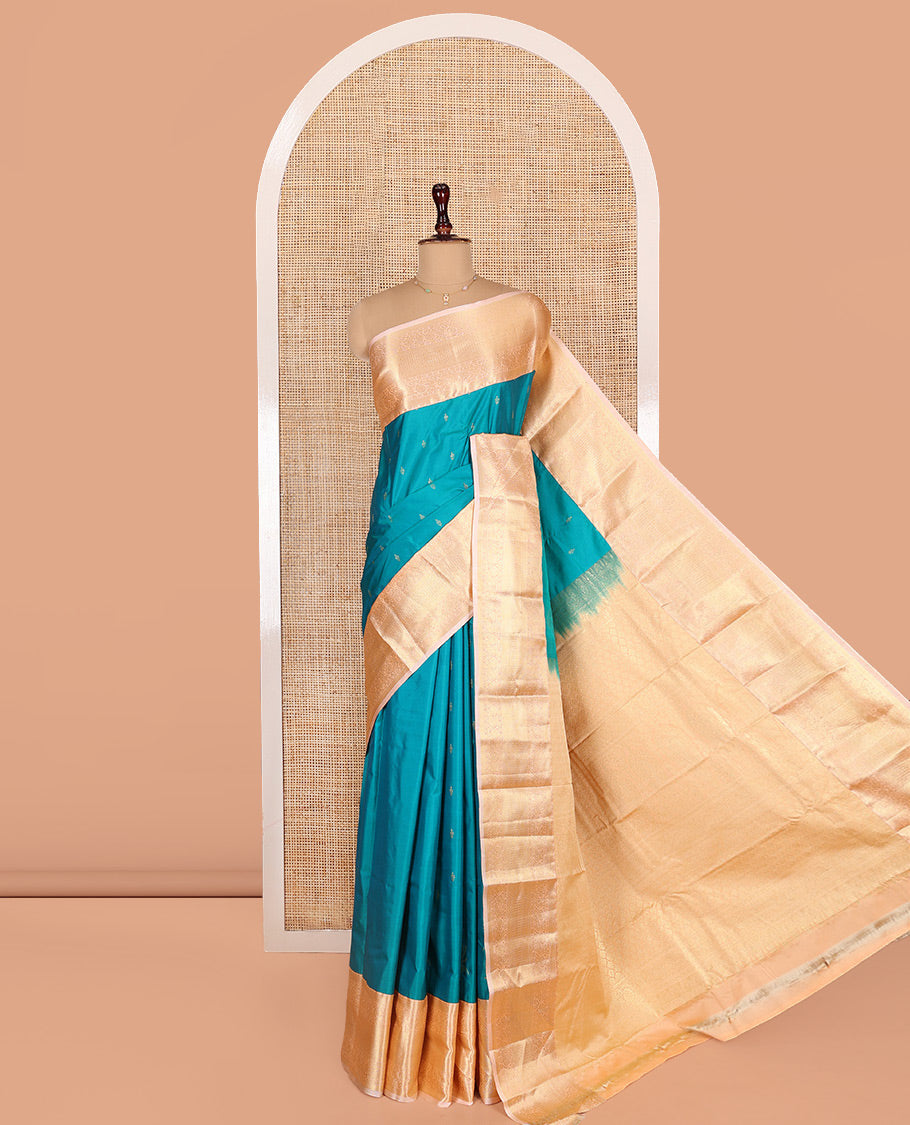 Blue Budget Silk Saree, Woven with Zari Buttas on Its Body, Complemented by a Contrast Traditional Zari Design Border, Intricate Pallu, and Paired with a Contrast Blouse