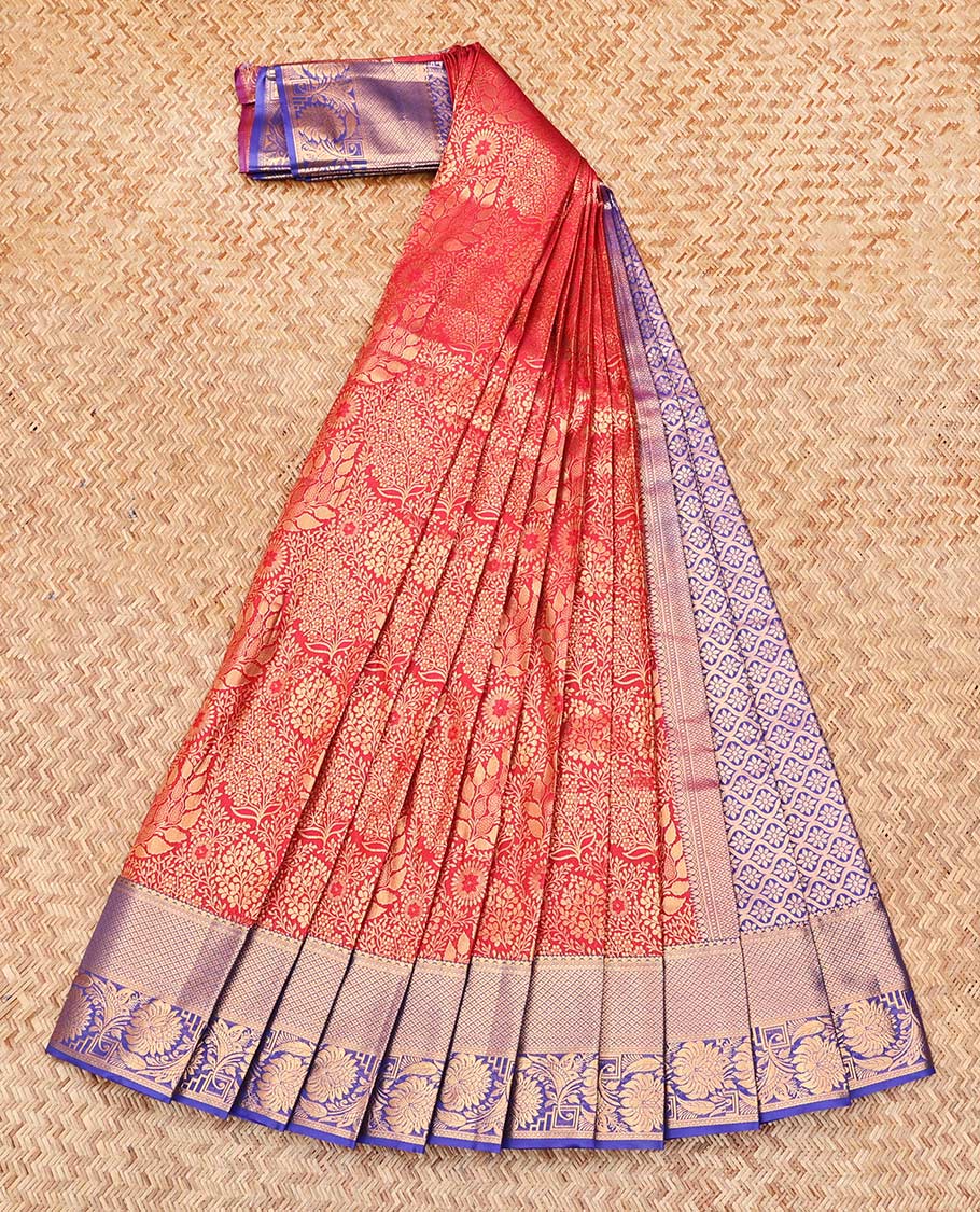 Red Budget Silk Saree, Adorned with Jacquard Design, Complemented by Contrast Traditional Zari Border, a Jaal Pallu and a Contrast Blouse