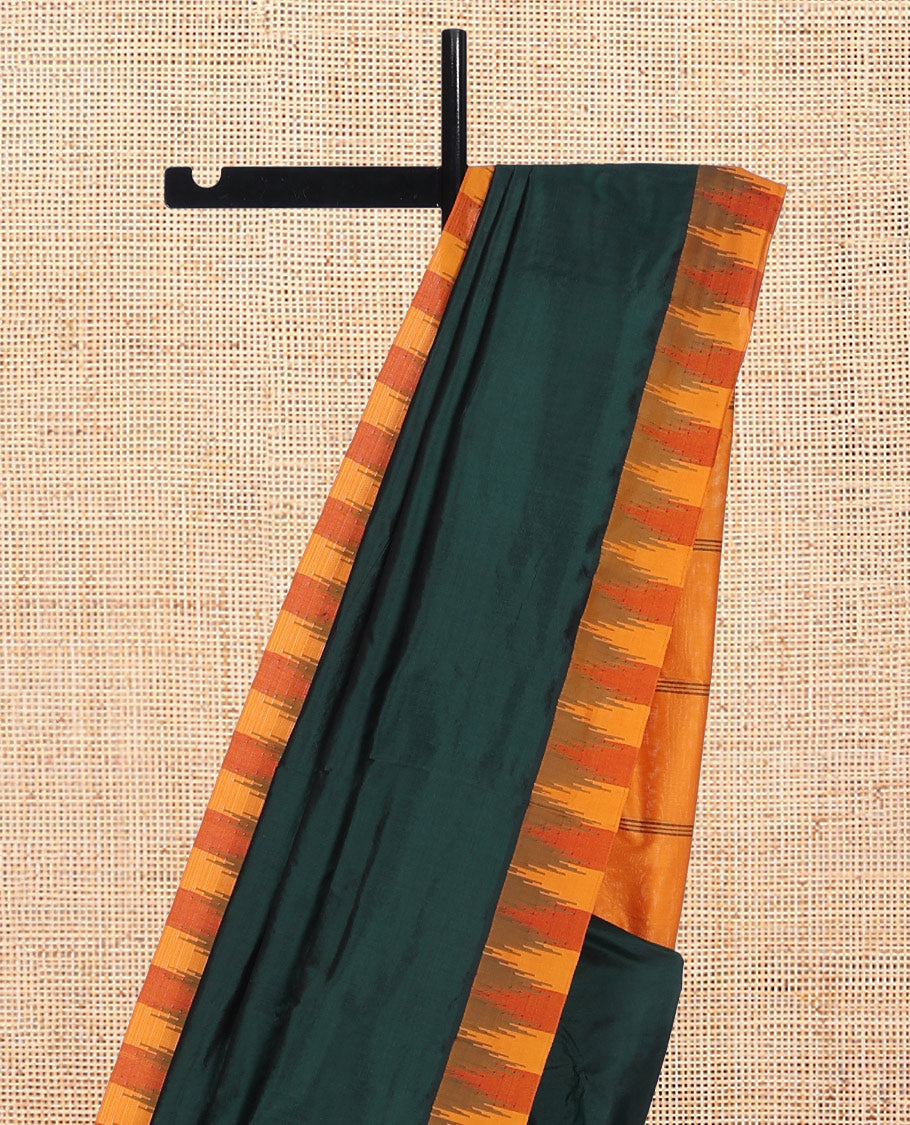 Green Plain Bangalore Silk Saree, Complemented by a Contrast Temple Border, Striped Pallu, and Contrast Blouse
