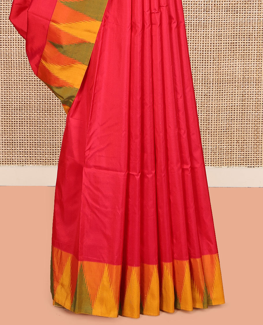 Red Plain Bangalore Silk Saree, Complemented by a Contrast Temple Border, Pallu of Stripes, and a Contrast Blouse