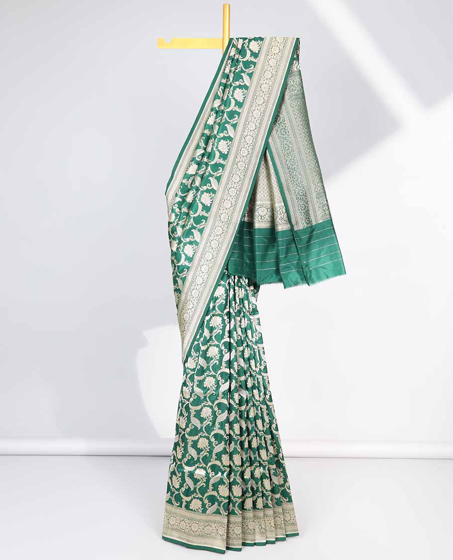 Green floral jacquard banaras silk saree with self intricate zari border & argyle pattern pallu