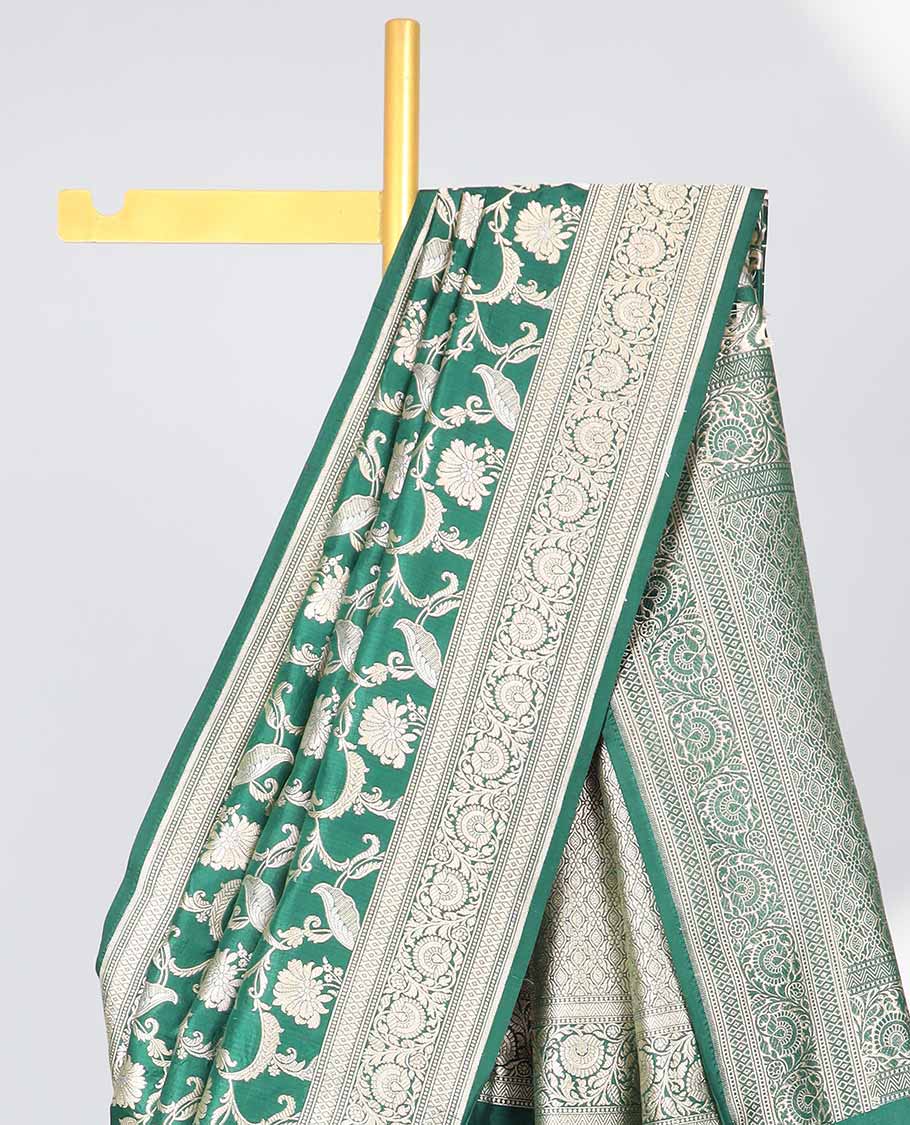 Green floral jacquard banaras silk saree with self intricate zari border & argyle pattern pallu