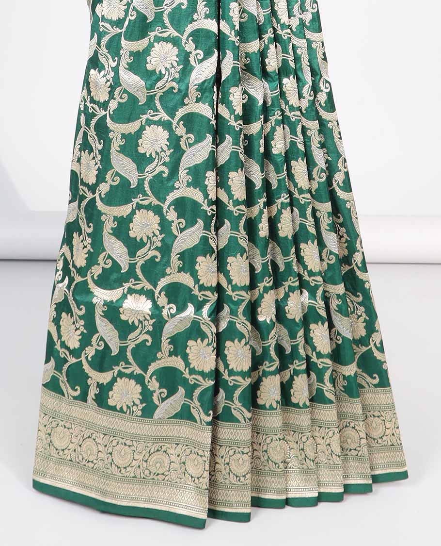 Green floral jacquard banaras silk saree with self intricate zari border & argyle pattern pallu
