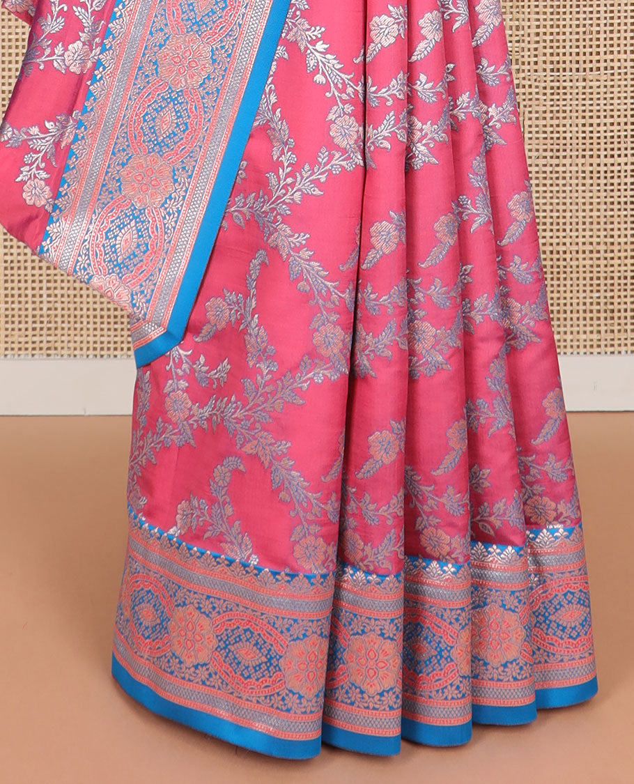 Maroon floral jaal design butter silk saree with contrast intricate zari design border & floral design pallu