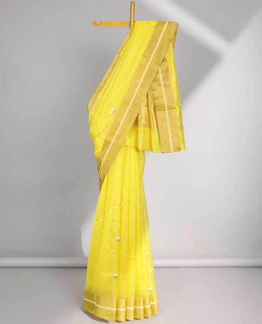 Yellow Chanderi saree with buttas, plain border & zari design pallu