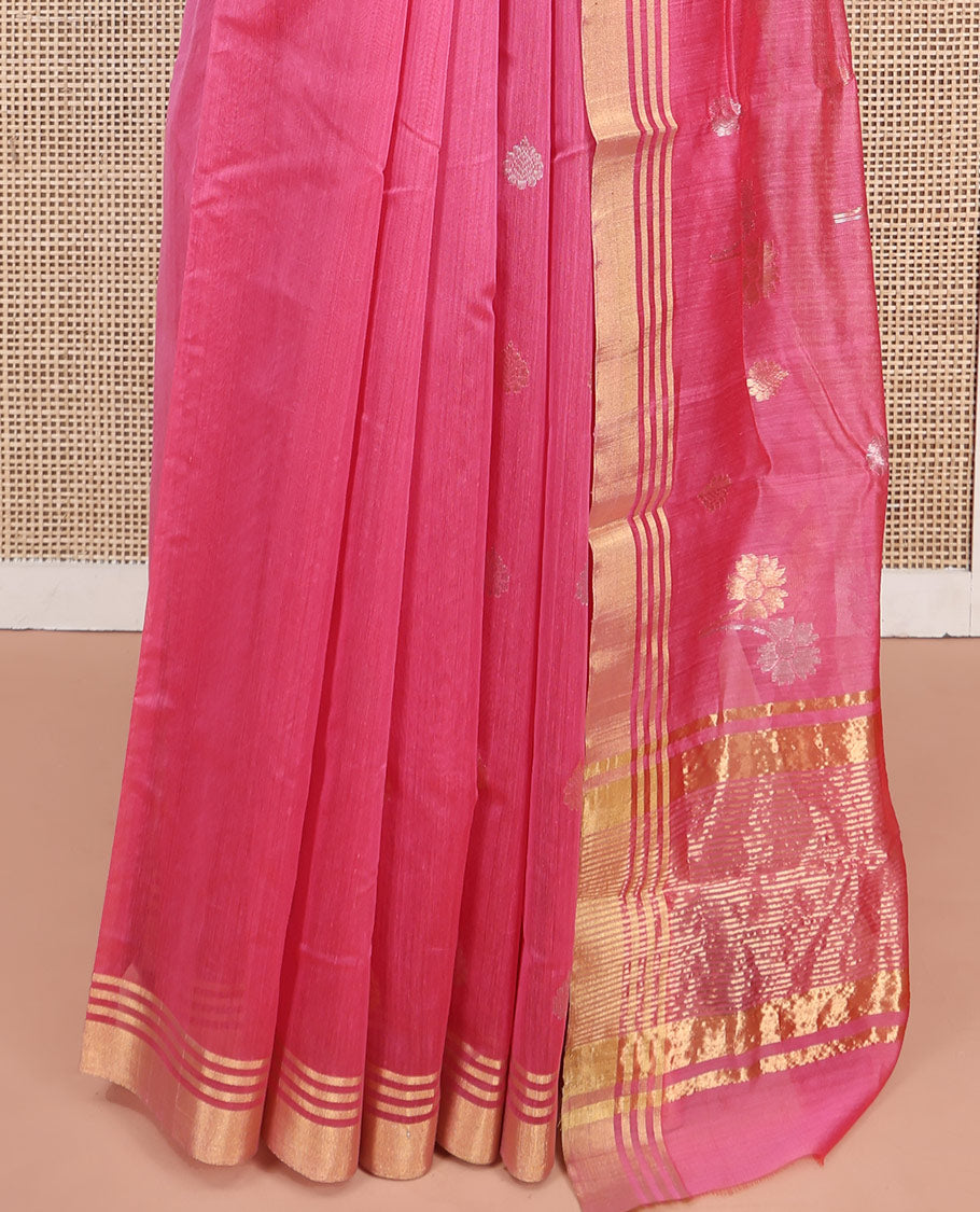 Pink Chanderi Cotton Saree, Adorned with Zari Buttas All Over Its Body, Highlighted by a Zari Border, Gleaming Zari Striped Pallu, and Paired with a Matching Blouse