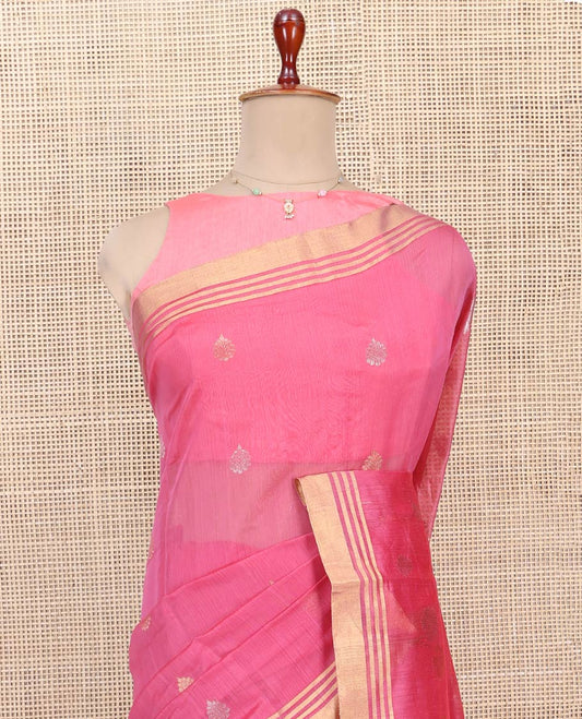 Pink Chanderi Cotton Saree, Adorned with Zari Buttas All Over Its Body, Highlighted by a Zari Border, Gleaming Zari Striped Pallu, and Paired with a Matching Blouse