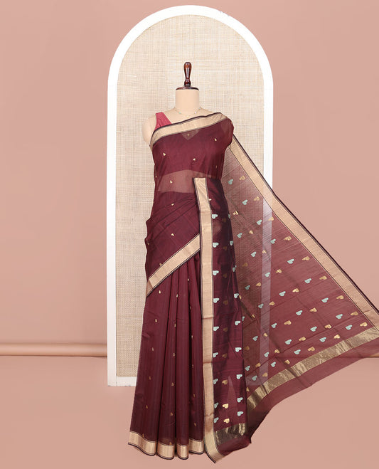 Maroon Chanderi Cotton Saree, Adorned with Heart Buttas All Over Its Body, Highlighted by a Self-Border, Pallu Steeped with Heart Motifs, and Paired with a Matching Blouse