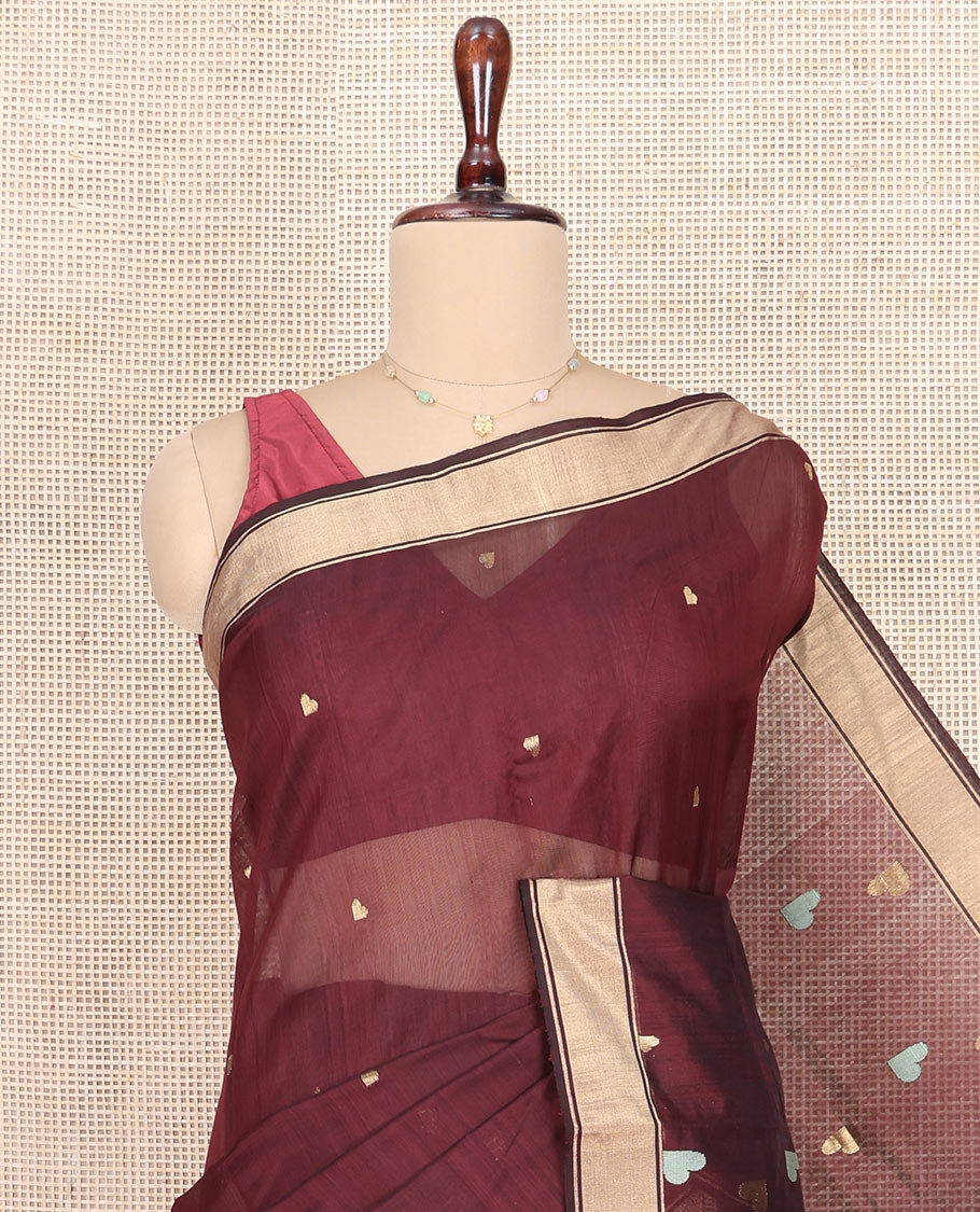 Maroon Chanderi Cotton Saree, Adorned with Heart Buttas All Over Its Body, Highlighted by a Self-Border, Pallu Steeped with Heart Motifs, and Paired with a Matching Blouse