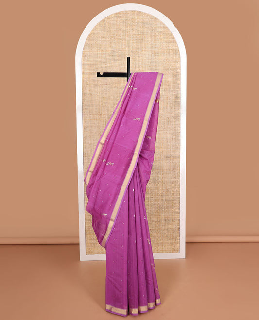 Pink floral motifs chanderi cotton saree with self zari border & striped, floral design pallu